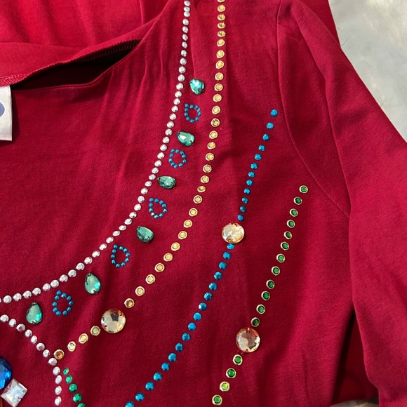 TOP, HAND SEWN MULTICOLOUR BEADS, RED, SIZE 3X, ROUND NECK, LONG SLEEVE, DIANE - Picture 5 of 15